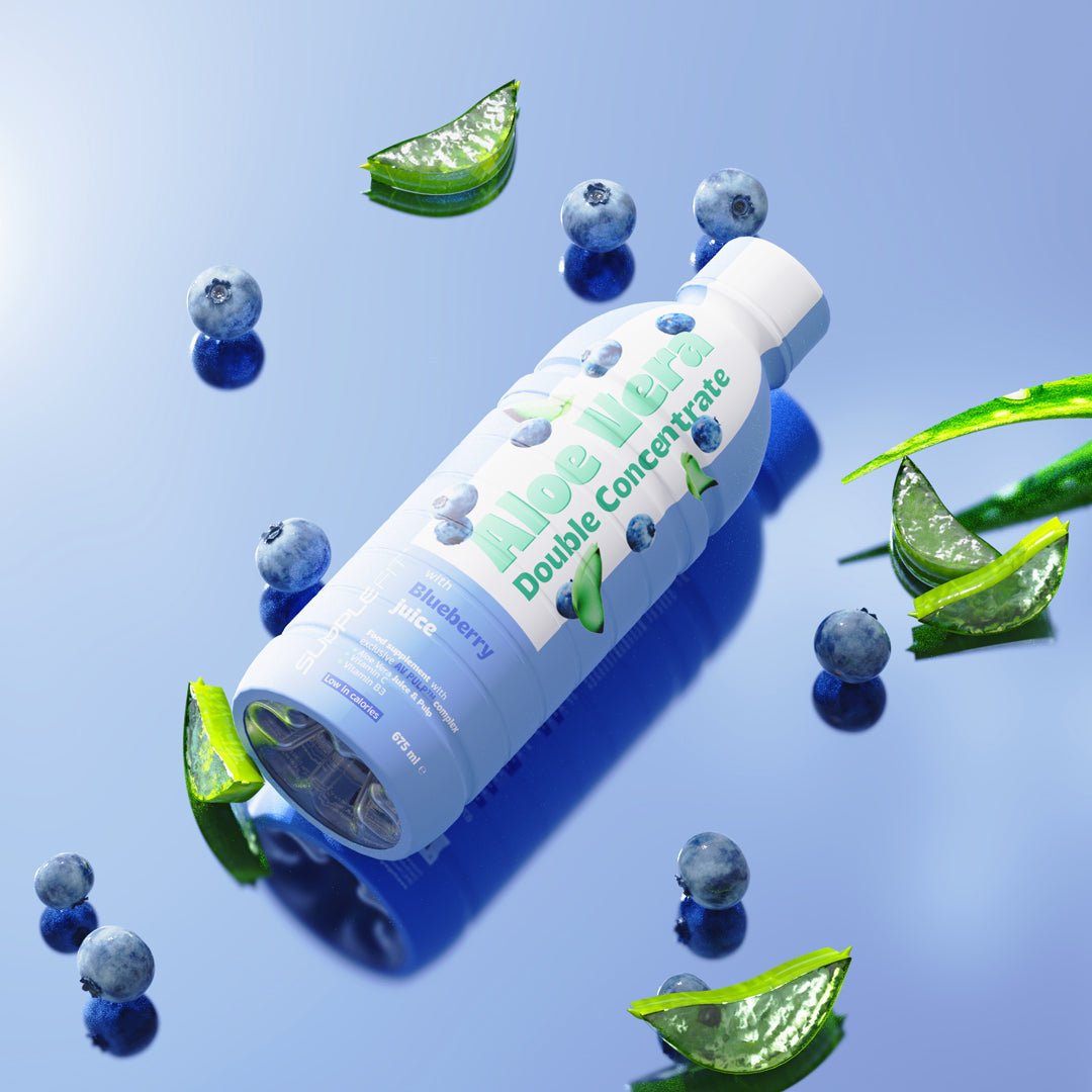 ALOE VERA jus et pulpe (doublement concentrée) avec jus de Myrtille - 675 ml (INTB061) - Jintashop